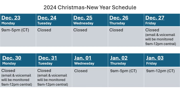 Holiday Schedule 2024 Christmas and New Years